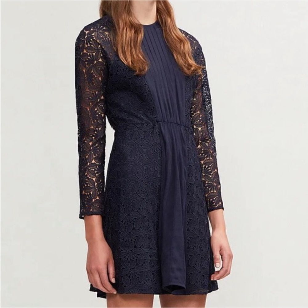 Maje Navy Blue Long Sleeve Lace Mini Dress